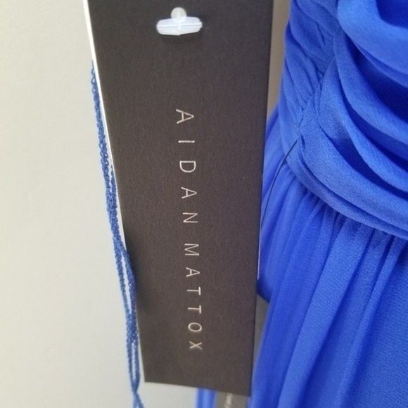 Aidan Mattox Deep Sky Blue Pleated Silk Chiffon Halter-Neck Gown Colbalt - Picture 2 of 15